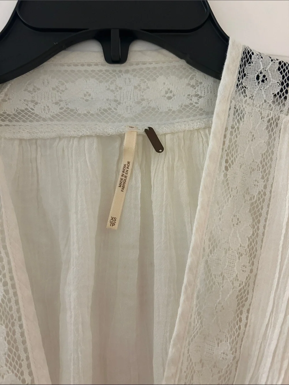 Free People Ivory Lace Peasant Top with Navy Ribbon